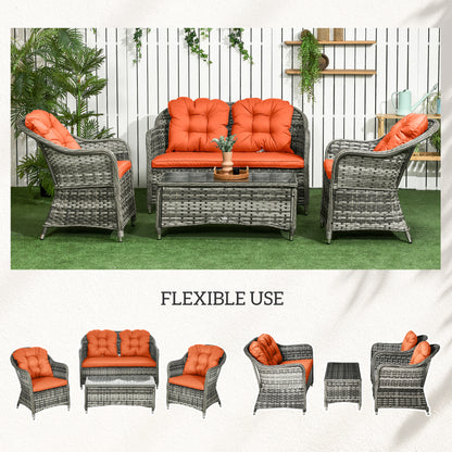 Yoro Grey Rattan Orange 4 Seater Outdoor Sofa Set With Glass Coffee Table