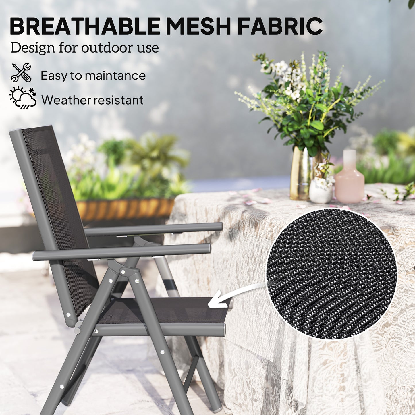 Disusu Set Of 2 Aluminium Dark Grey Folding Garden Dining Chairs With Breathable Mesh