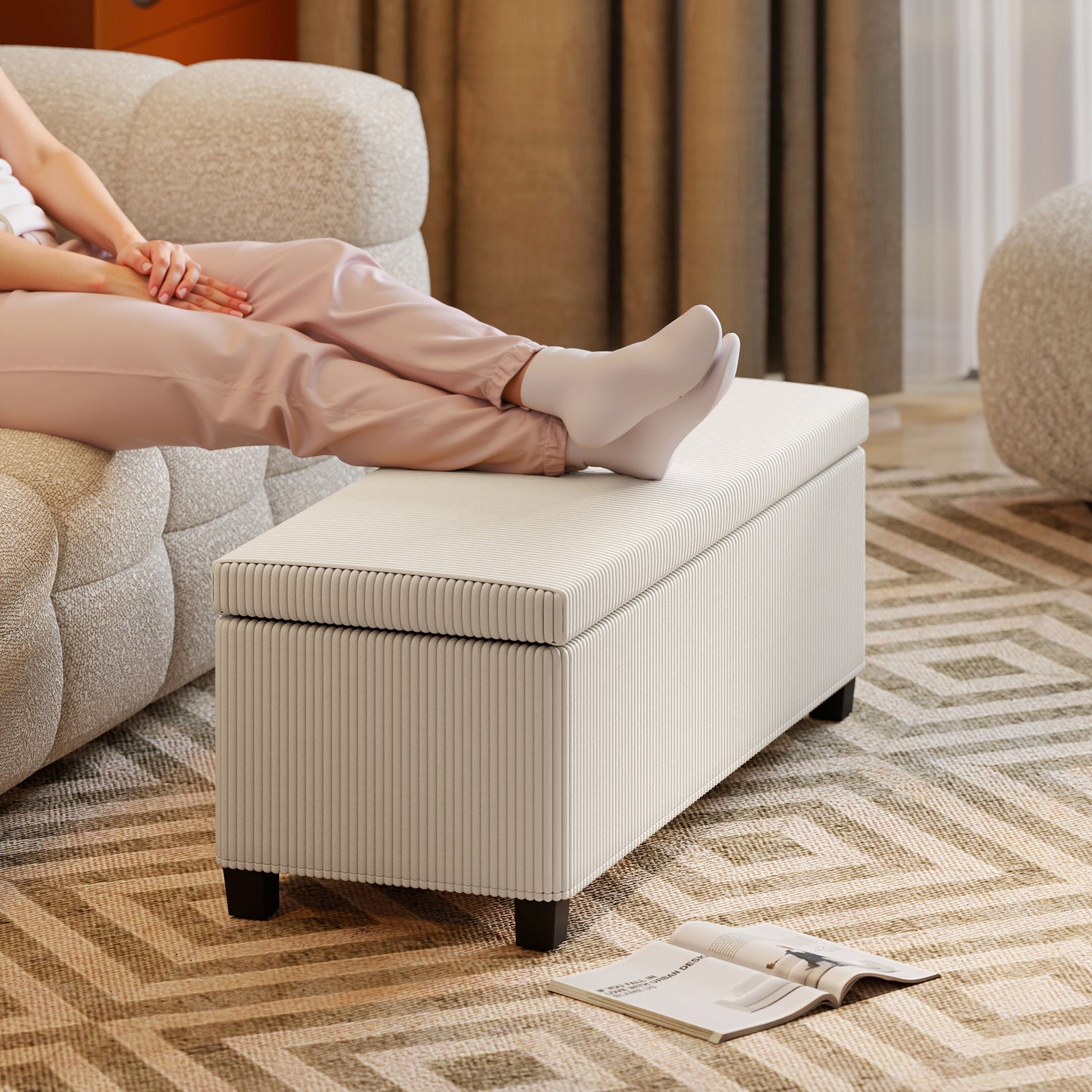 Toha Beige Corduroy Storage Ottoman Bench With Removable Lid
