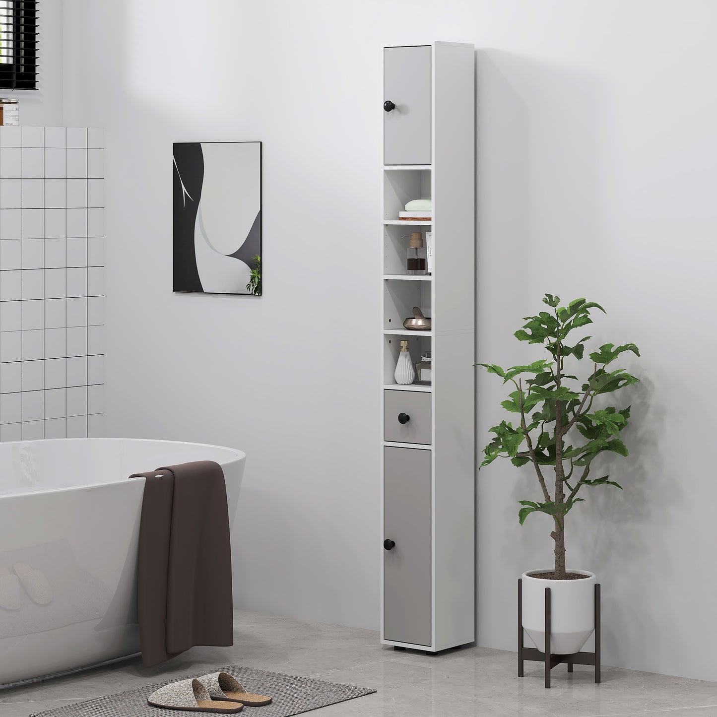 Pabaha Tall Slim Bathroom Storage Cabinet With Drawers Shelves And Cupboards Light Grey