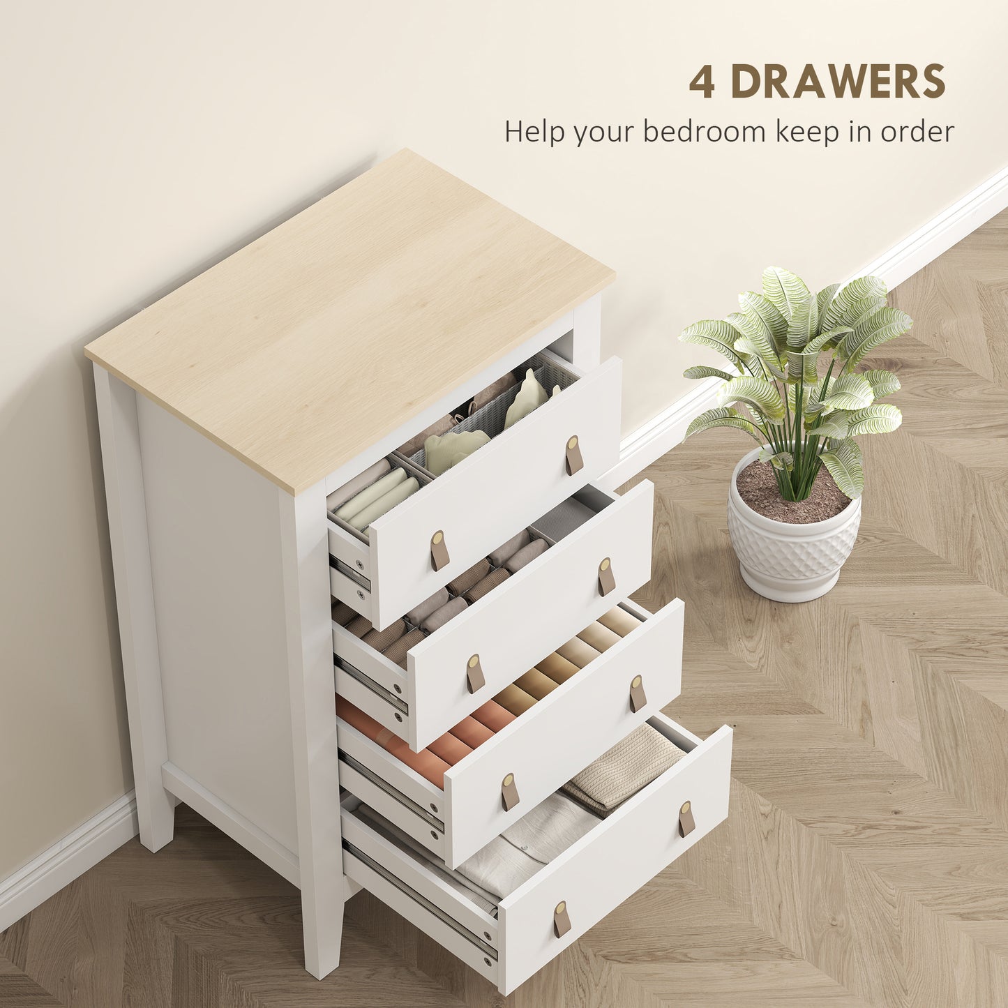 Rasusa Metal And Wood White 4 Drawer Modern Storage Chest With Faux Leather Handles 60 x 40 x 98 cm