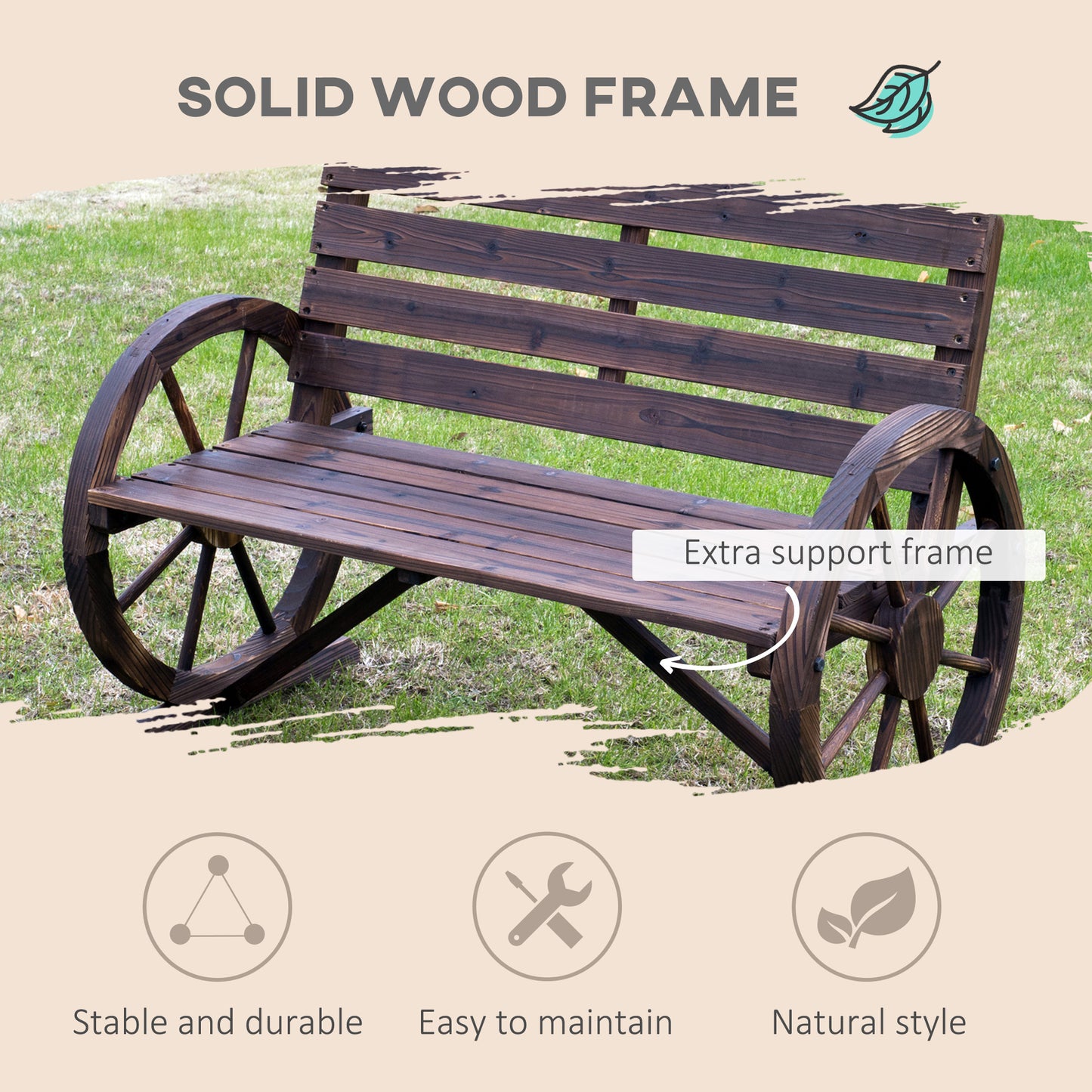 Linifi Wood Brown Rustic 2 Seater Garden Bench With Wagon Wheel Arms And High Back