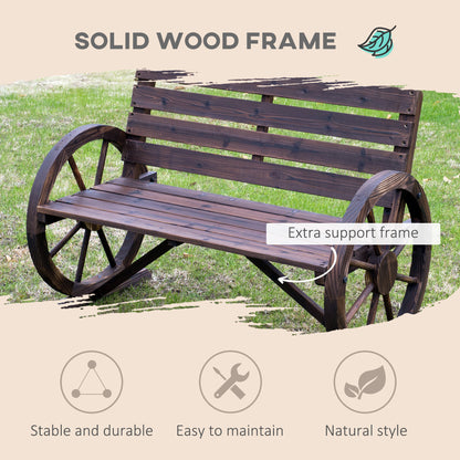 Linifi Wood Brown Rustic 2 Seater Garden Bench With Wagon Wheel Arms And High Back