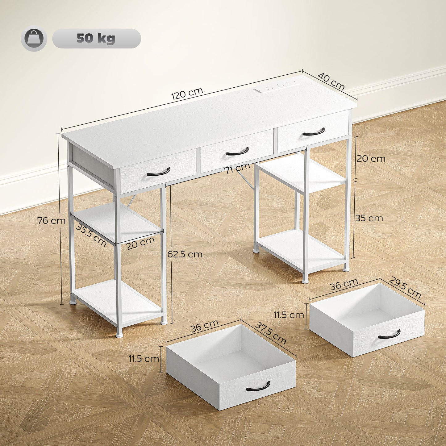 Riba 120cm Wooden White Home Office Desk With Power Sockets 3 Fabric Drawers And Storage Shelves 120 cm
