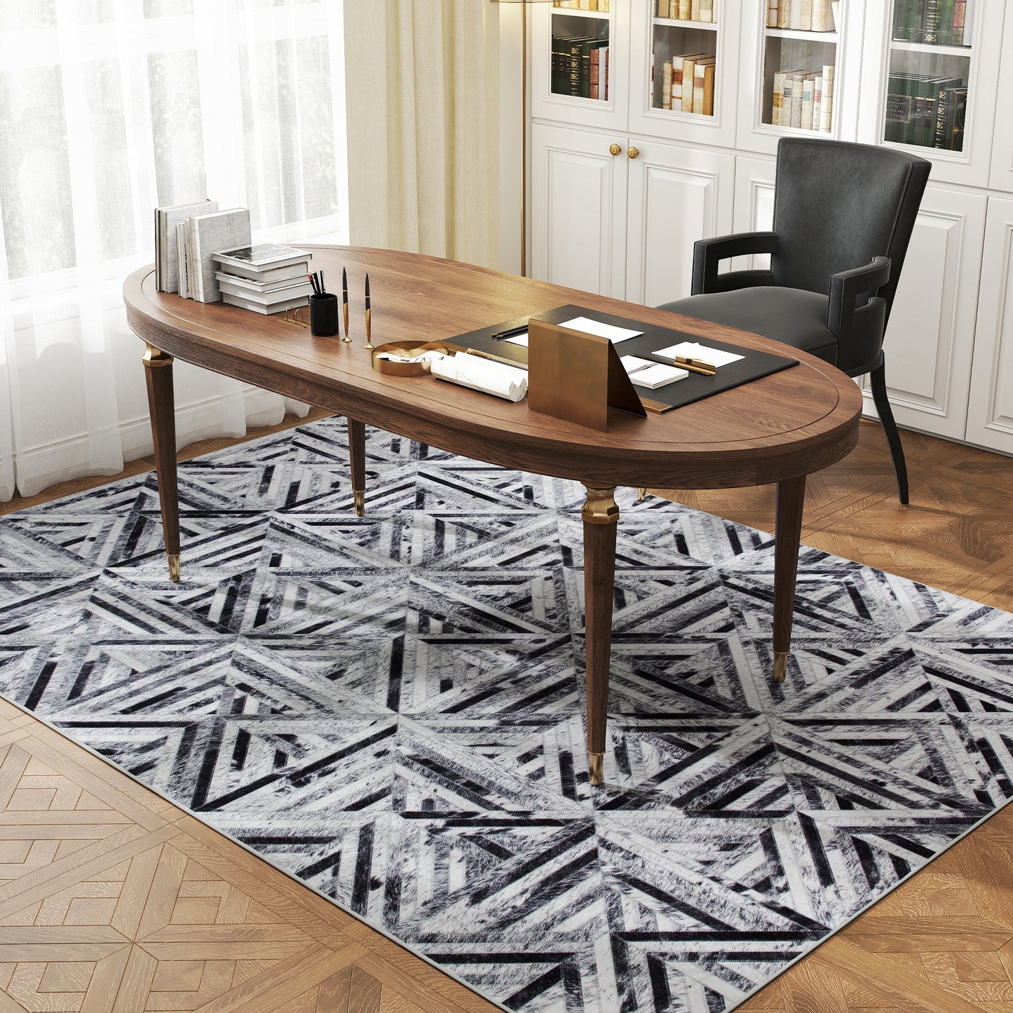 Yolura Lara Chenille Black Triangle Pattern Non Slip Washable Rug 230 x 160 cm