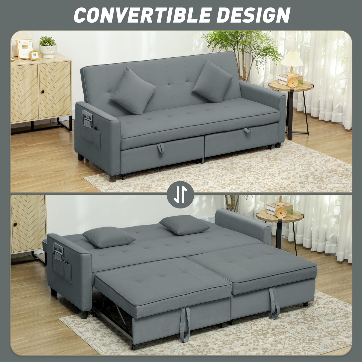 Senosa Grey Upholstered 3 Seater Convertible Sofa Bed Tufted