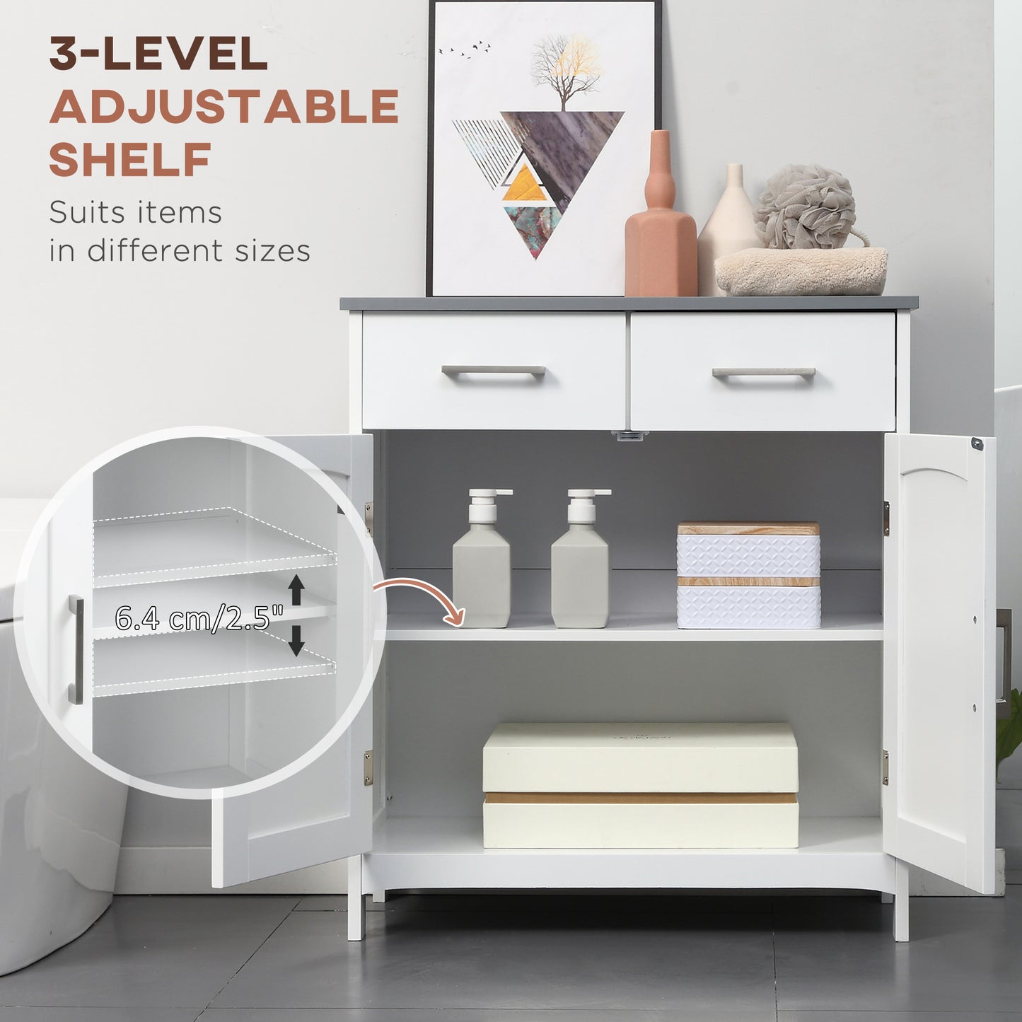 Tova White Bathroom Storage Cabinet With 2 Drawers Double Doors And Adjustable Shelves
