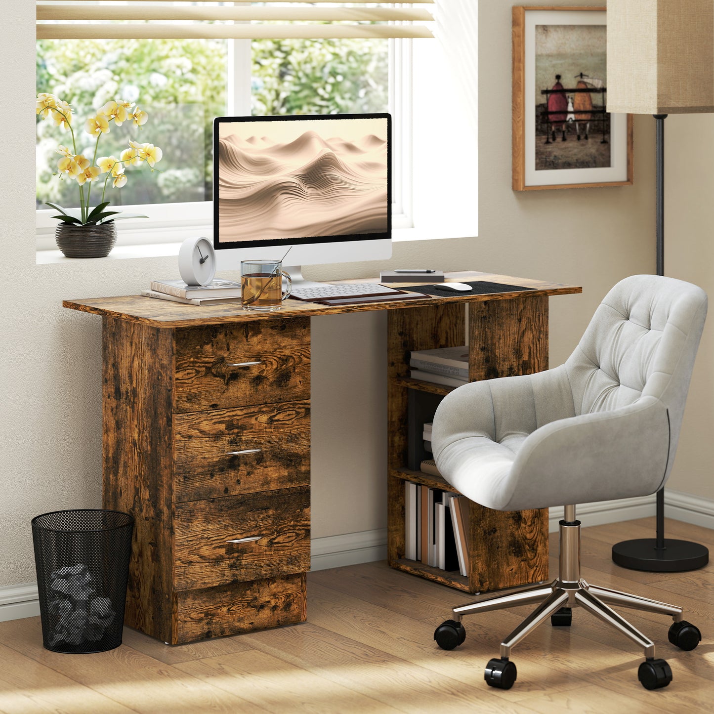 Lomoto 120cm Rustic Brown Home Office Desk With 3 Shelves And 3 Drawers