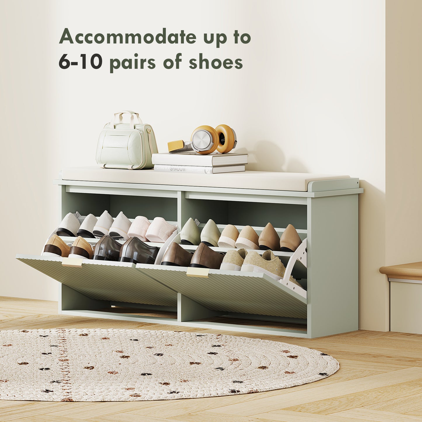 Reraha Mint Green Wooden 10 Pair Shoe Bench With Cushioned Top