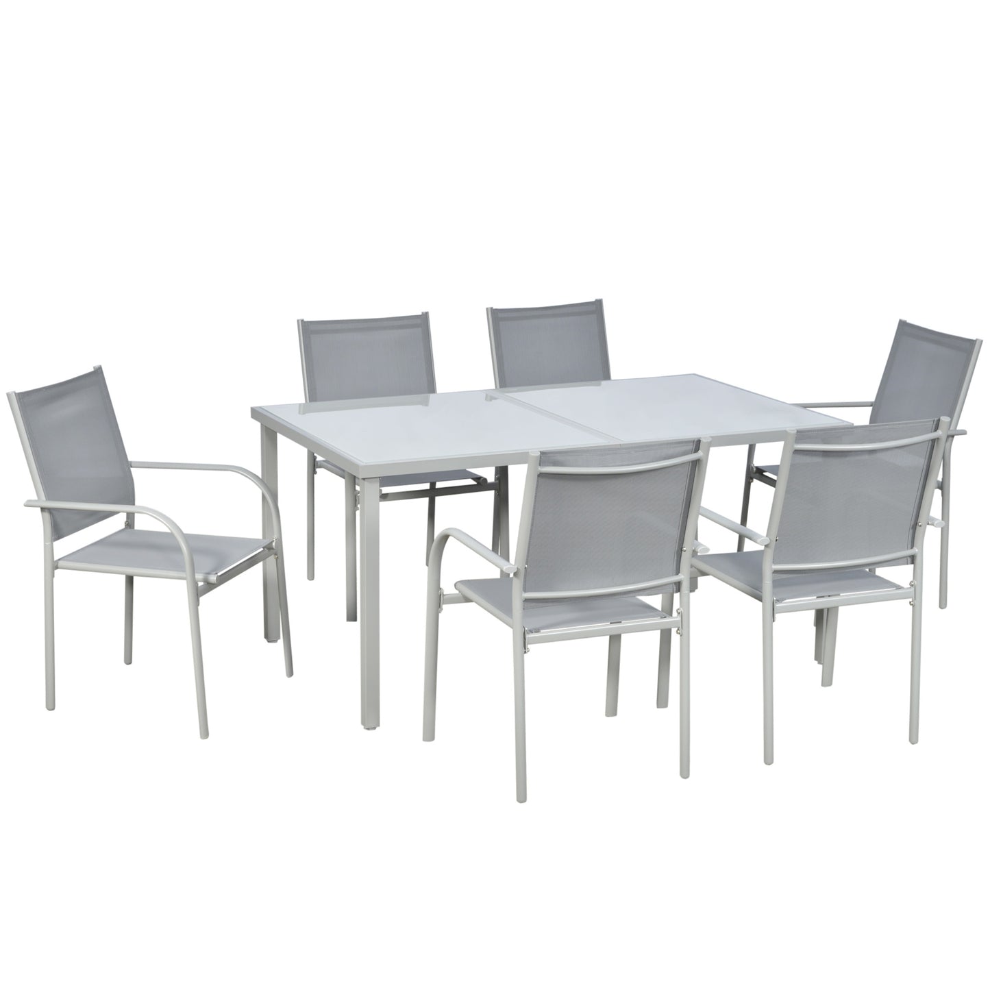 Mayoso 6 Seater Steel White and Grey Garden Dining Set With Glass Top Table And Stackable Chairs