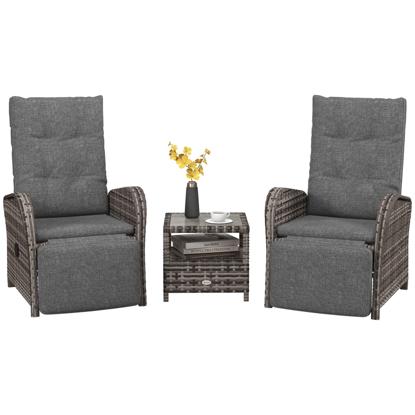 Elcoto Grey And Brown Rattan 2 Seater Outdoor Chaise Lounge Chair Set With Fabric Cushions