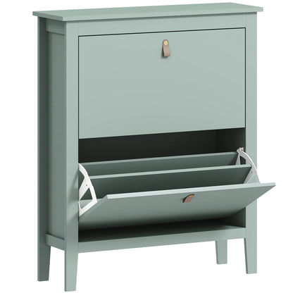 Sela Wooden Mint Green Modern 2 Drawer Shoe Cabinet  Faux Leather Handles