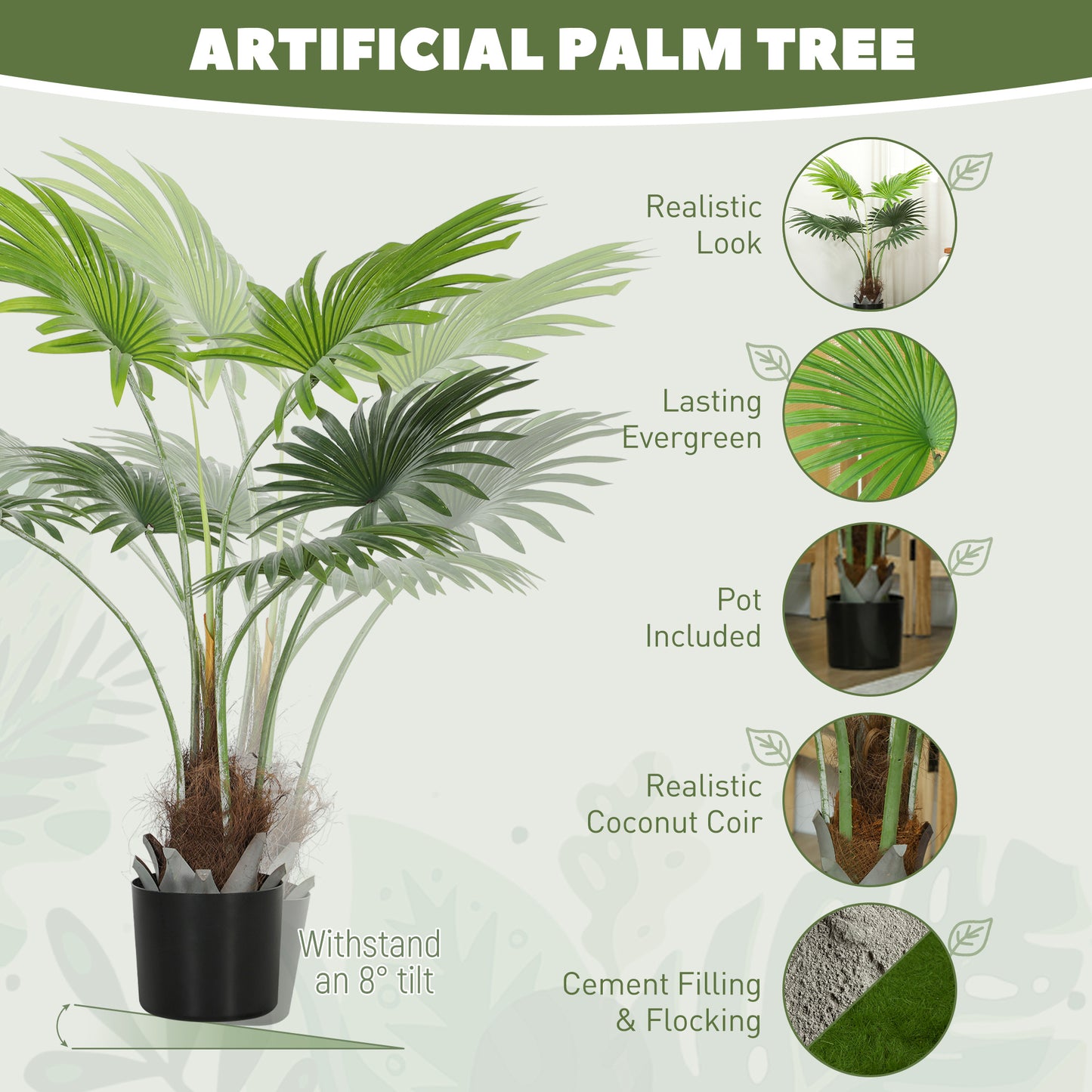 Mazili Artificial Palm Style Tree With Realistic Leaf Detail And Coir Effect Base In Pot H8 94cm Green