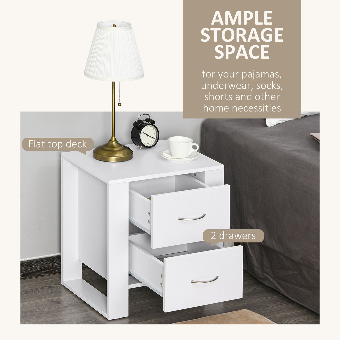 Zivika Momo Set Of 2 White Bedside Tables 2 Drawers Silver Handles