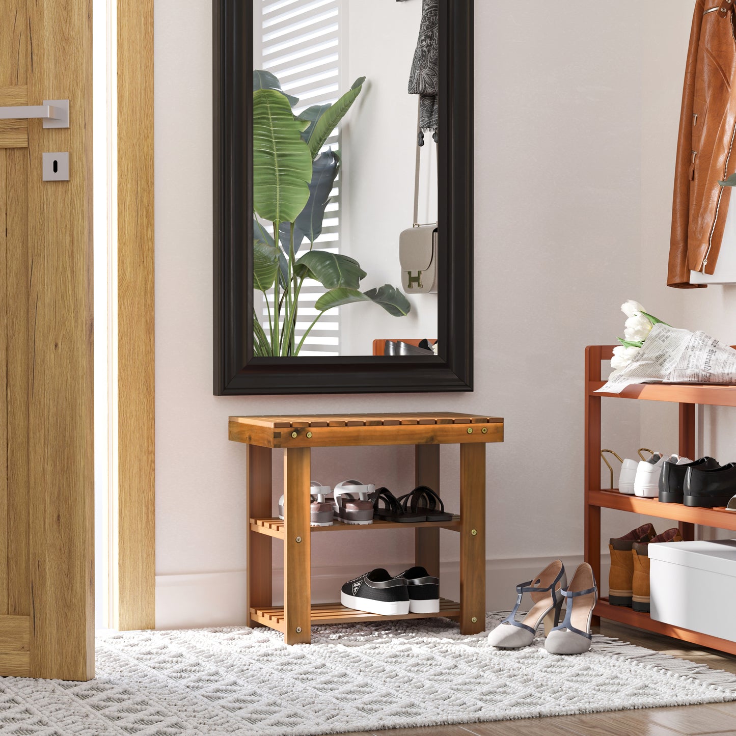 Elsari Acacia Wood Teak 3 Tier Shoe Bench With Slatted Shelves