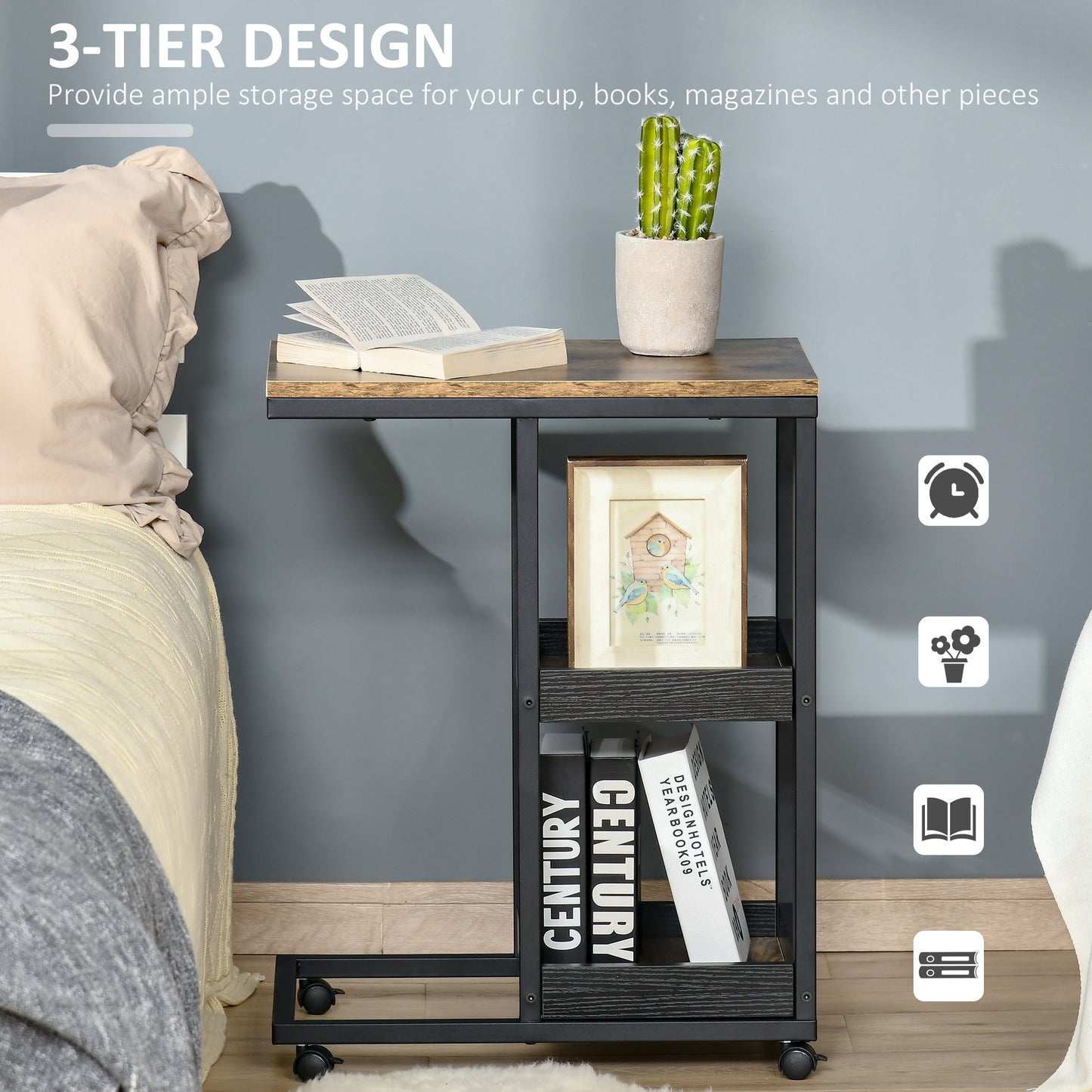 Lufaro Set Of 2 Mobile C Shaped Side Tables With Locking Wheels Metal And Wooden Dark Brown