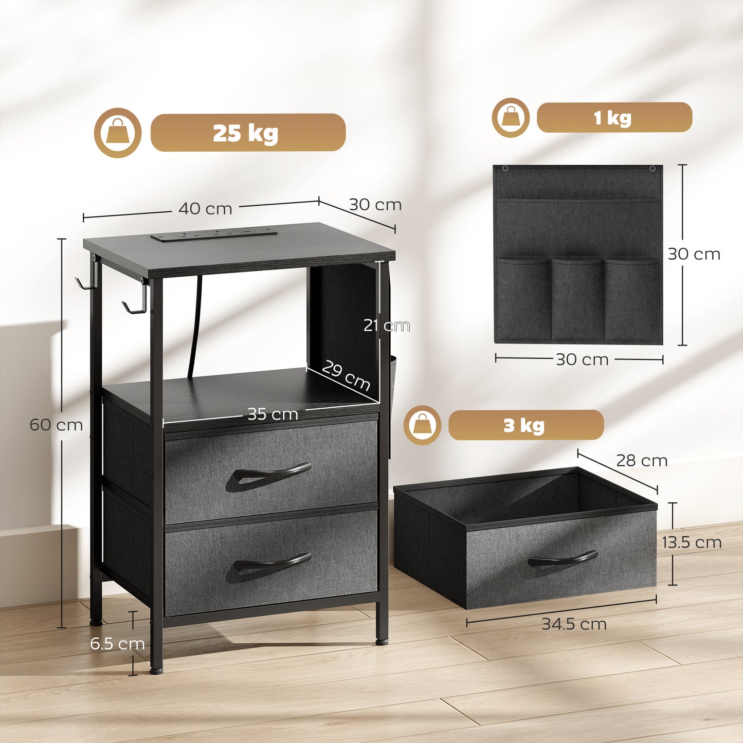 Pado Metal Black Bedside Table 2 Grey Fabric Fold Down Drawers With Integrated Charging Station