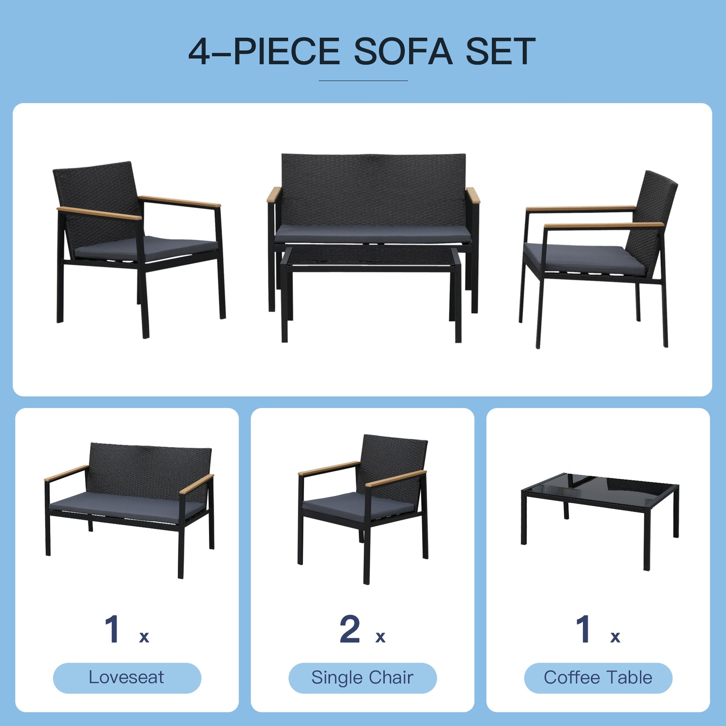 Rasedo Rattan Black 4 Seater Outdoor Sofa Set With Loveseat Armchairs Glass and Coffee Table