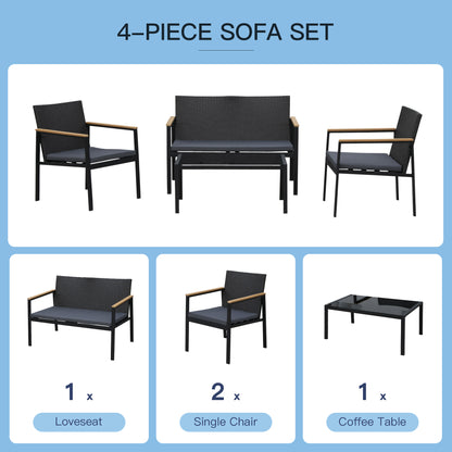 Rasedo Rattan Black 4 Seater Outdoor Sofa Set With Loveseat Armchairs Glass and Coffee Table