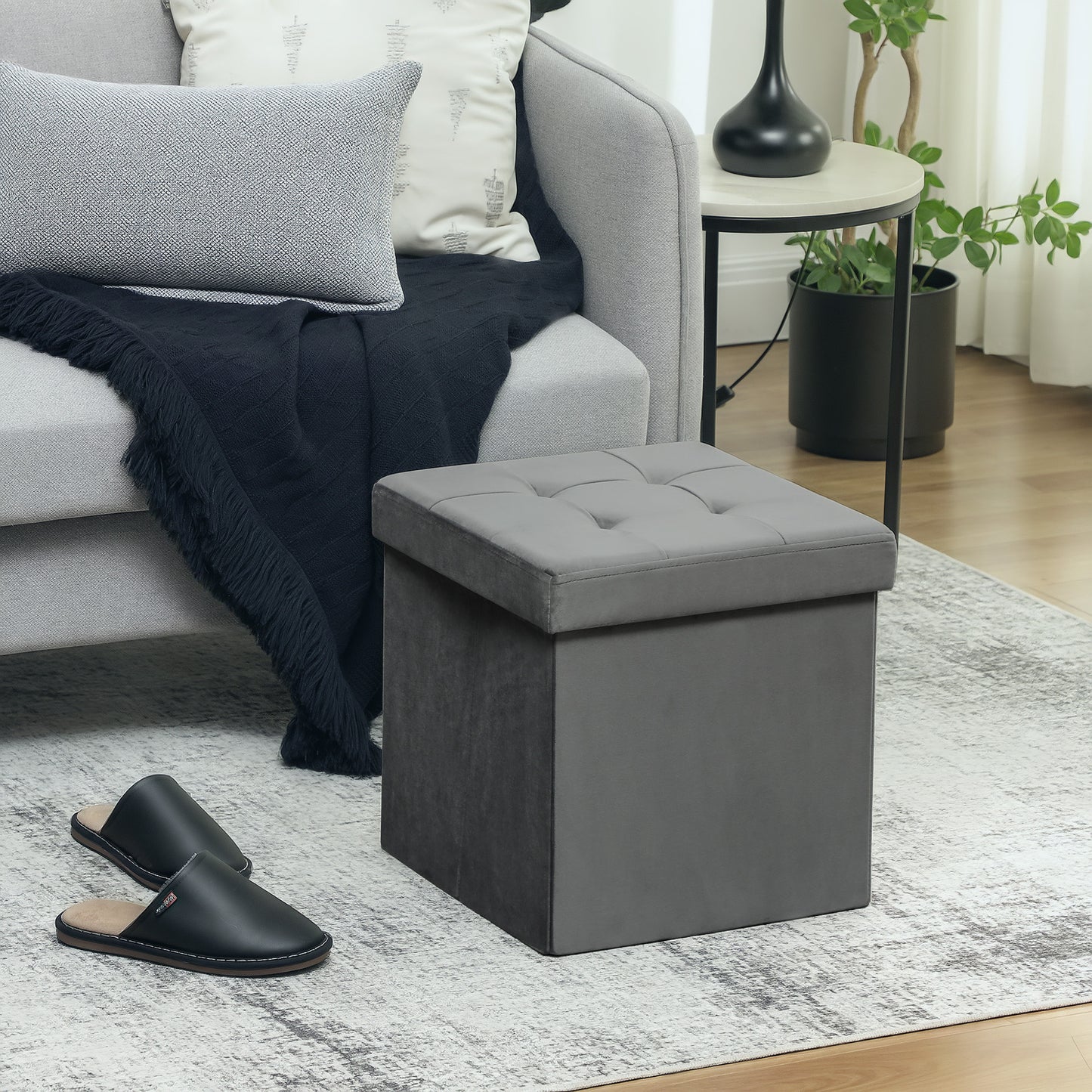 Nasedo Square Velvet Grey Foldable Storage Ottoman with Removable Lid