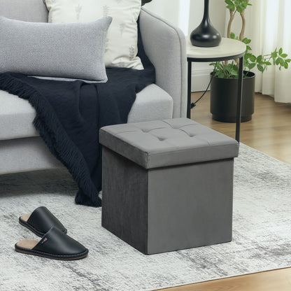 Nasedo Square Velvet Grey Foldable Storage Ottoman with Removable Lid