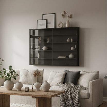 Velura Wood And Glass Black 5 Tier Wall Display Cabinet With Adjustable Shelves 60 x 80 cm