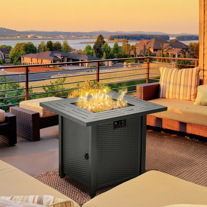 Ellulo Rattan Black Square Propane Gas Fire Pit Table with Cover Glass Beads And Lid