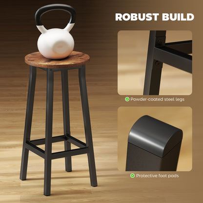 Rema Set Of 2 Rustic Brown Industrial Round Bar Stools With Footrest 65cm