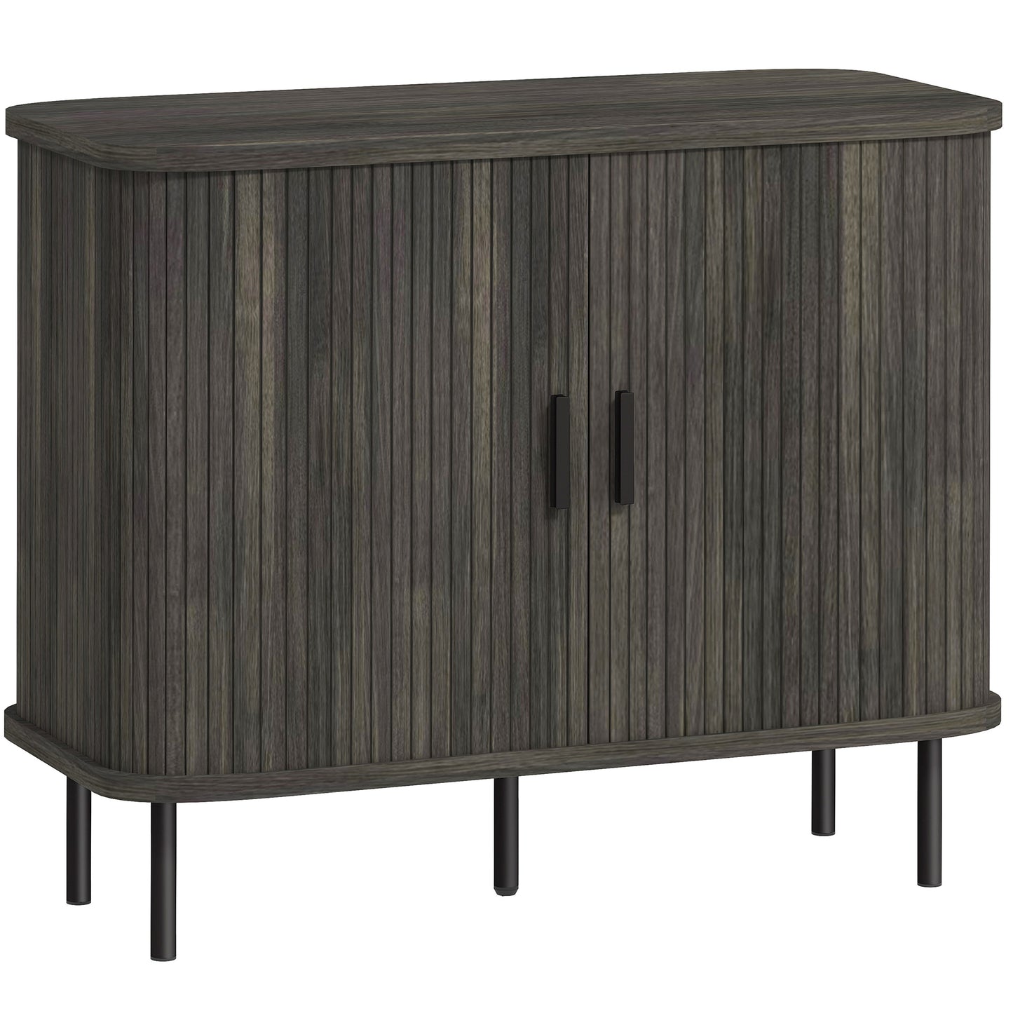 Tayoyo Grey Mid Century Sideboard With Slatted Sliding Doors And Steel Legs