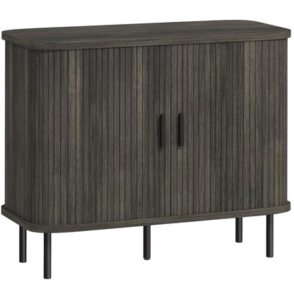 Tayoyo Grey Mid Century Sideboard With Slatted Sliding Doors And Steel Legs