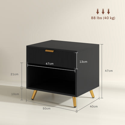 Sota Sola Set Of 2 Black And Gold Ribbed Elegant Bedside Tables With Drawer And Shelf