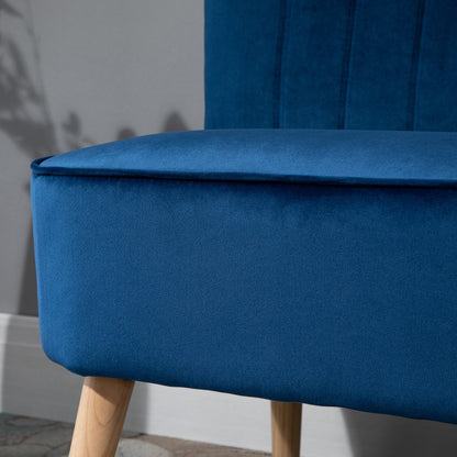 Haleco Dark Blue Fabric 2 Seater Love Sofa Panel Tufted Back Natural Wooden Legs