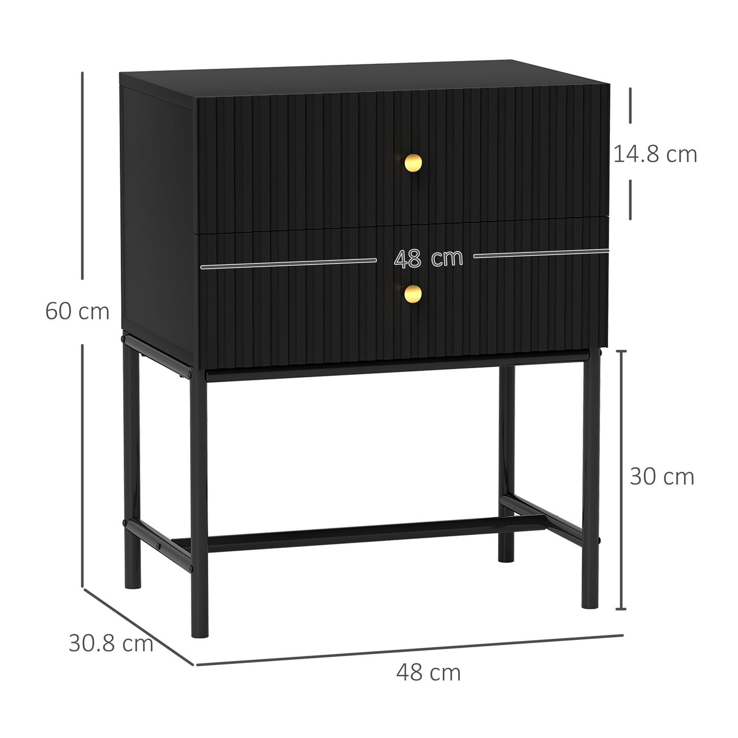 Nafico Black and Gold Elegant 2 Drawer Ribbed  Bedside Table
