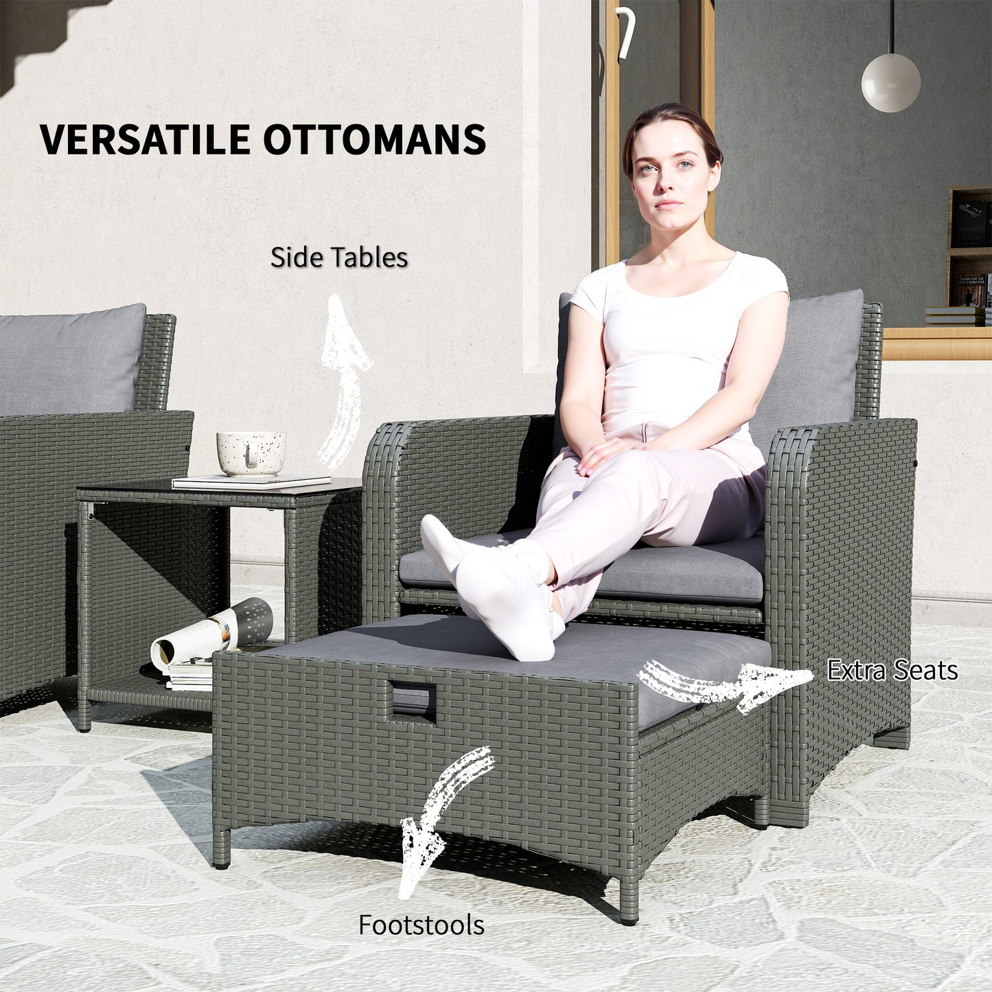 Rora Rattan Grey 5 Piece Garden Bistro Set With 2 Tier Coffee Table And Footstools