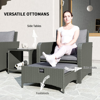 Rora Rattan Grey 5 Piece Garden Bistro Set With 2 Tier Coffee Table And Footstools