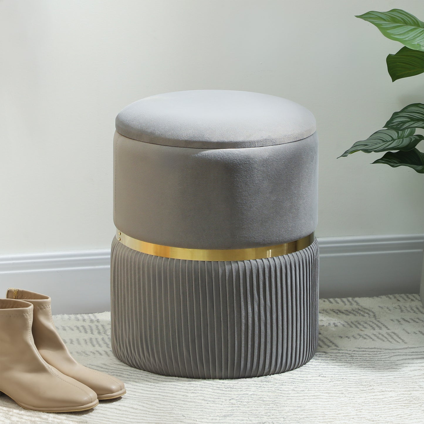 Rivera Velvet Light Grey Ribbed Storage Ottoman Gold Accent
