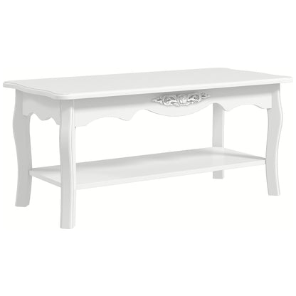 Noketa Wooden White Rectangular Mid Century Coffee Table With Storage Shelf