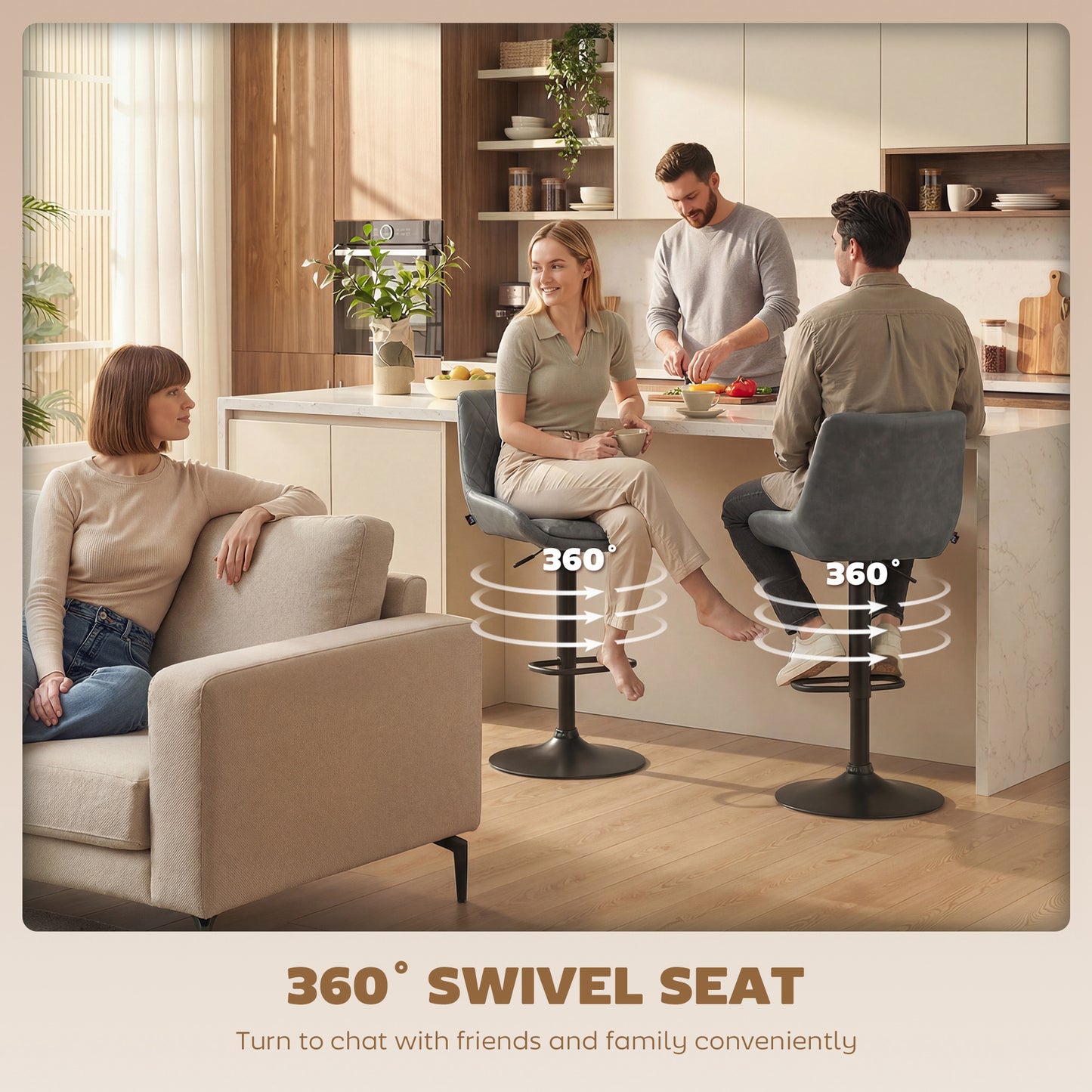 Lokasa Fabric Dark Grey Adjustable Retro Bar Stools Set Of 2 With Swivel Seats