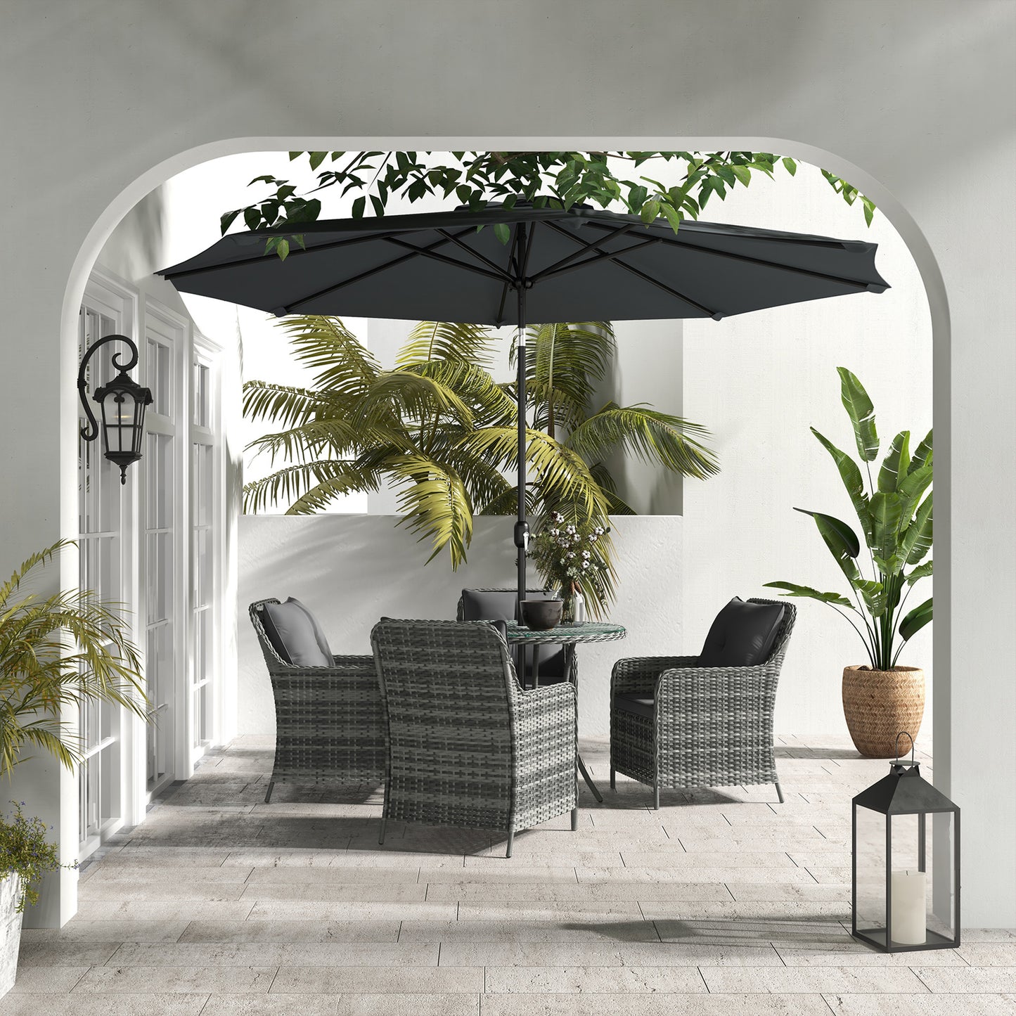 Rolana Nivi 4 Seater Rattan Grey Outdoor Dining Set With Parasol And Cushions