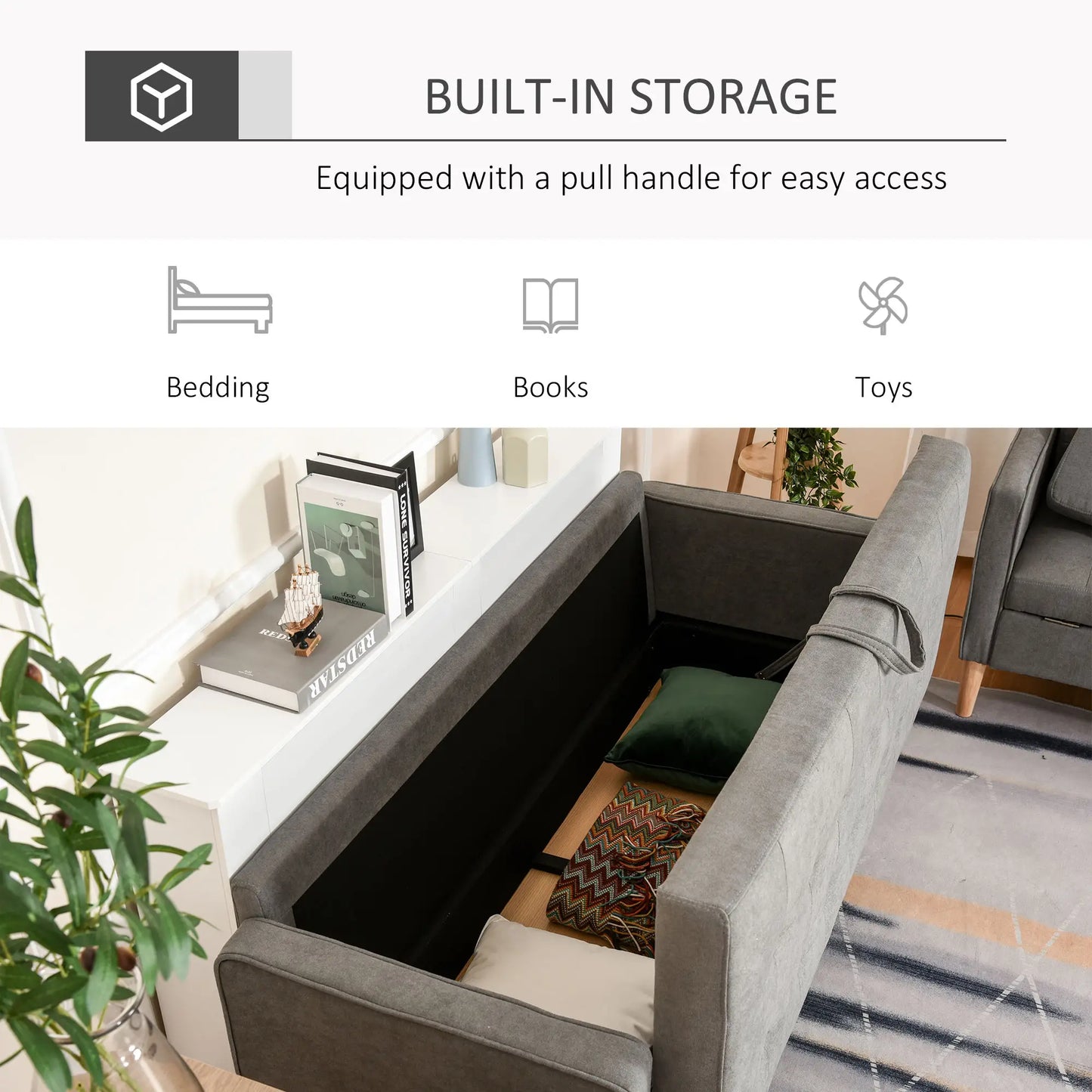 Fabric Grey 3 Seater Sofa With Hidden Storage Tufted Seat And Wooden Legs