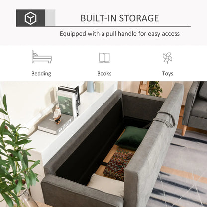 Fabric Grey 3 Seater Sofa With Hidden Storage Tufted Seat And Wooden Legs