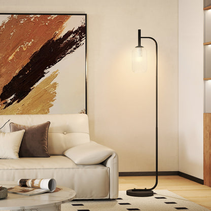 Line Metal Black Retro Floor Lamp With Ribbed Glass Shade