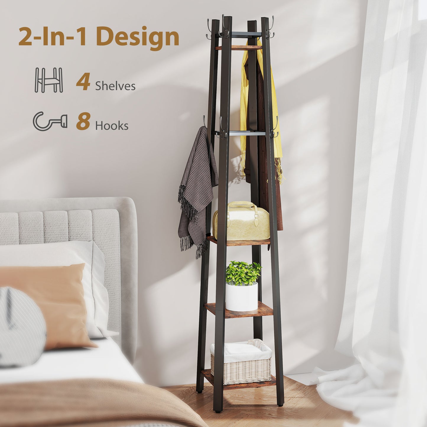 Kareva Metal And Wood Brown And Black 4 Tier Industrial Coat Stand With Shelves