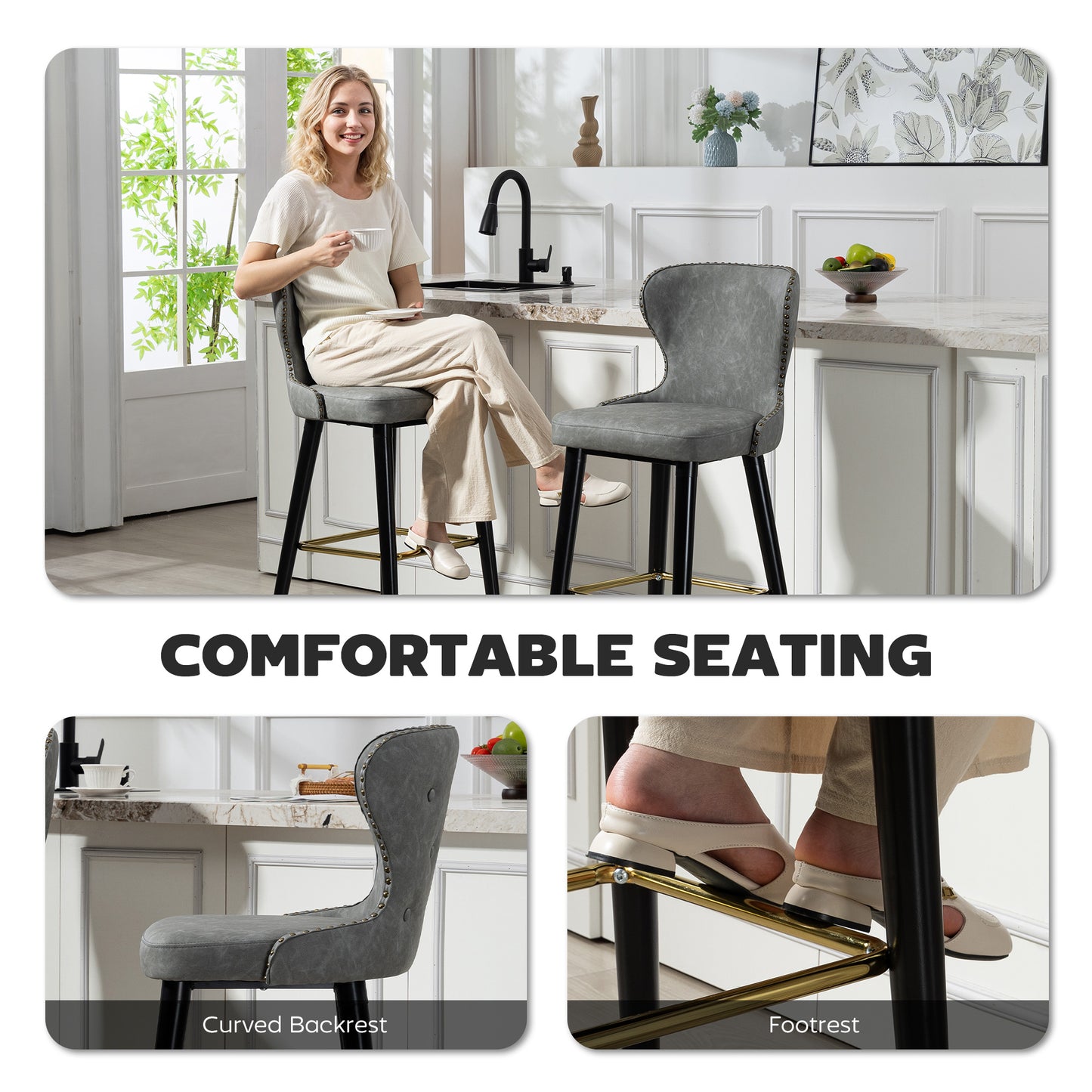 Finomo Set Of 2 Grey Faux Leather Bar Stools With Wooden Legs And Footrest