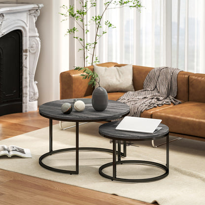 Rali Metal And Wood Black Set Of 2 Marble Effect Nesting Coffee Tables