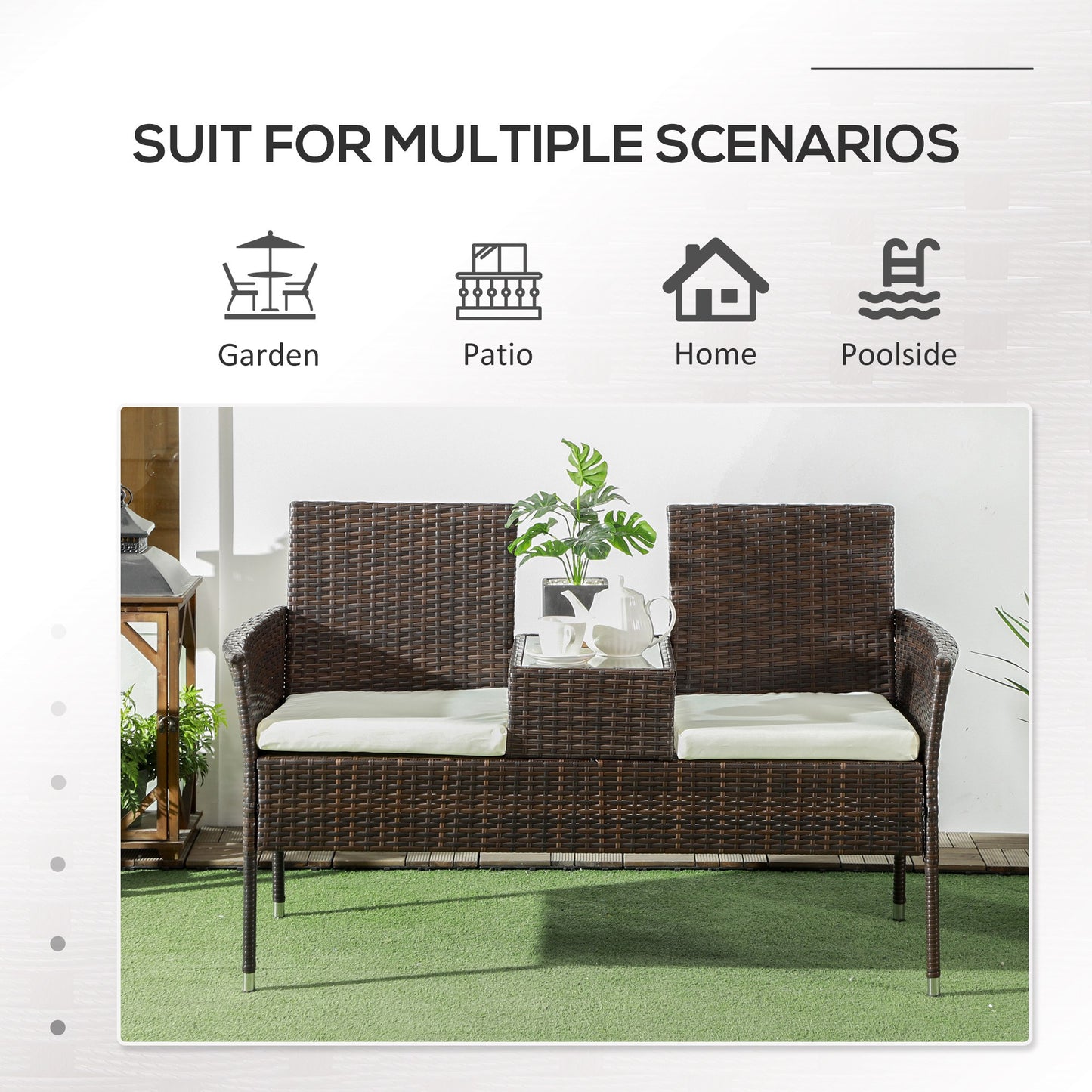 Renata Faux Rattan Brown 2 Seat Garden Chair With Integrated Coffee Table