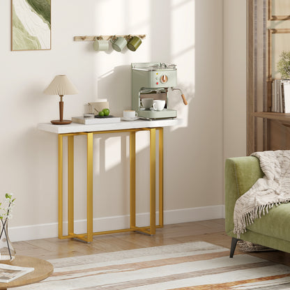 Larose Metal And Faux Marble White Narrow Console Table With Anti Tip Steel Frame 100 cm