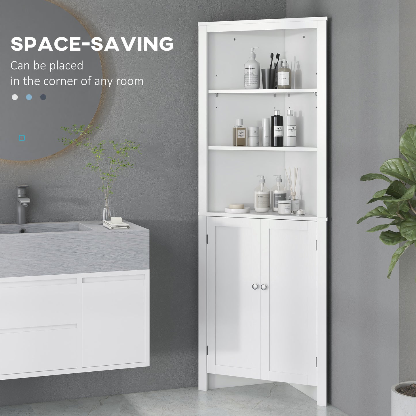 Dole Corner Bathroom Storage Cabinet With Cupboard And 3 Tier Shelves White