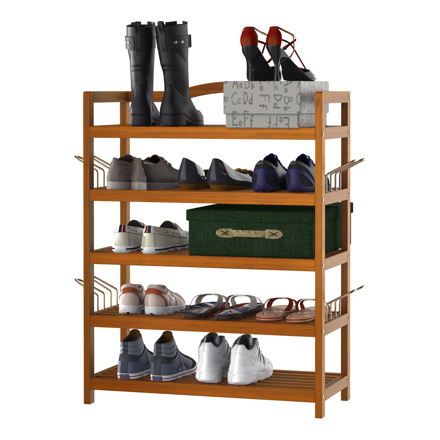 Leno Acacia Wood Teak 5 Tier Shoe Rack With Hangers For Up To 19 Pairs