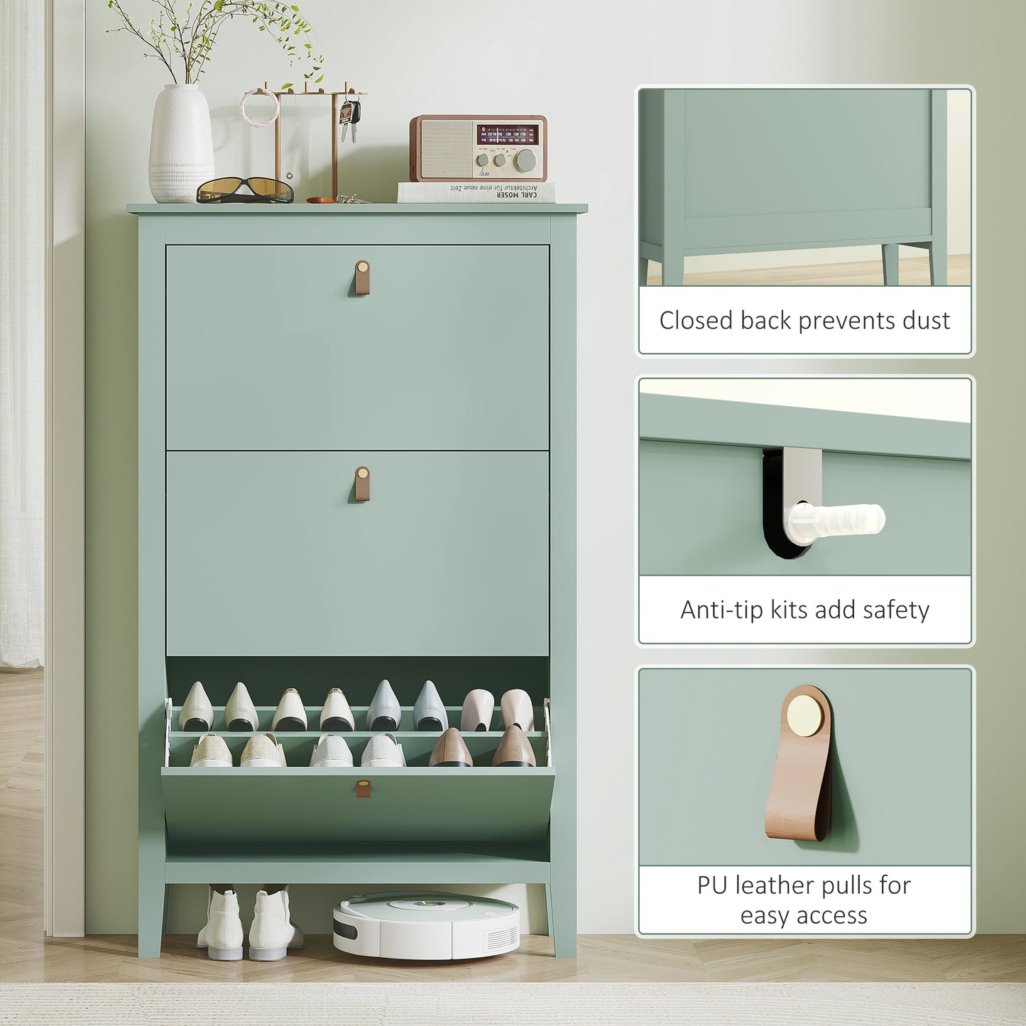 Diveve Wooden Mint Green Modern 3 Drawer Shoe Cabinet Faux Leather Handles